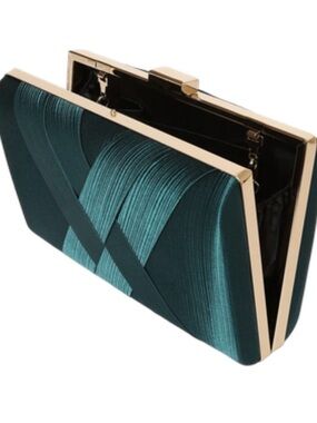 Lulu's Dark Emerald Satin Crossband Evening Clutch with Gold Chain